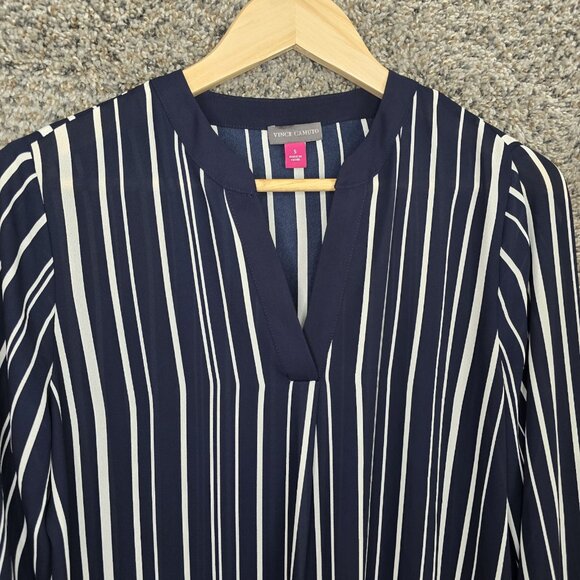 Vince Camuto‎ Top Womens Small Navy Blue Striped Split Neck Semi Sheer Blouse - Picture 4 of 7
